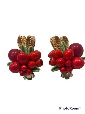 Vintage Red Bead Berry Cluster Clip-On Earrings